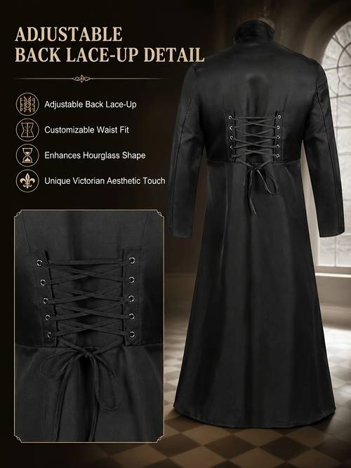 vintage medieval style coat with cross strap waist cinching long length solid color long sleeves stand up collar and three button front for men