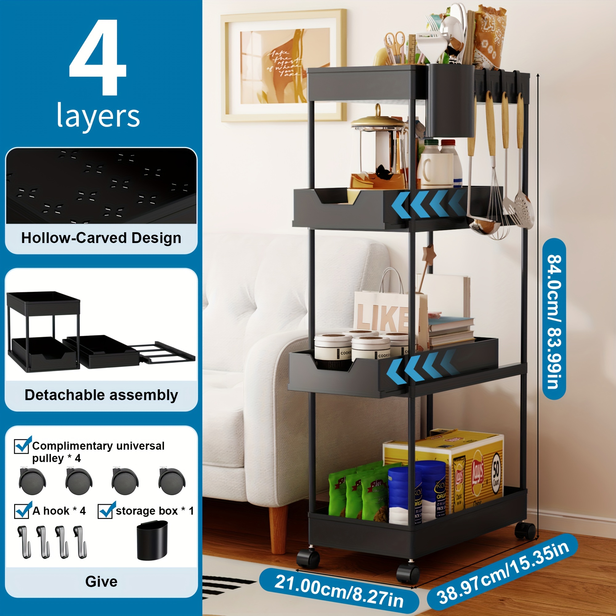 

4-layer Slim Rolling Storage Utility Cart - Space-saving Slide-out Tower With 4 Pull-out Drawer- Kitchen, Bathroom, Laundry Room, Smooth-,