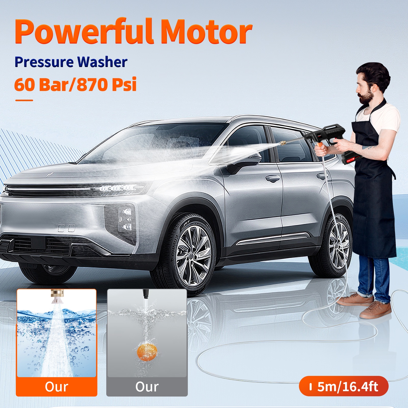 60 Bar Cordless Pressure Washer with 2 Nozzles & 5 Spray Modes