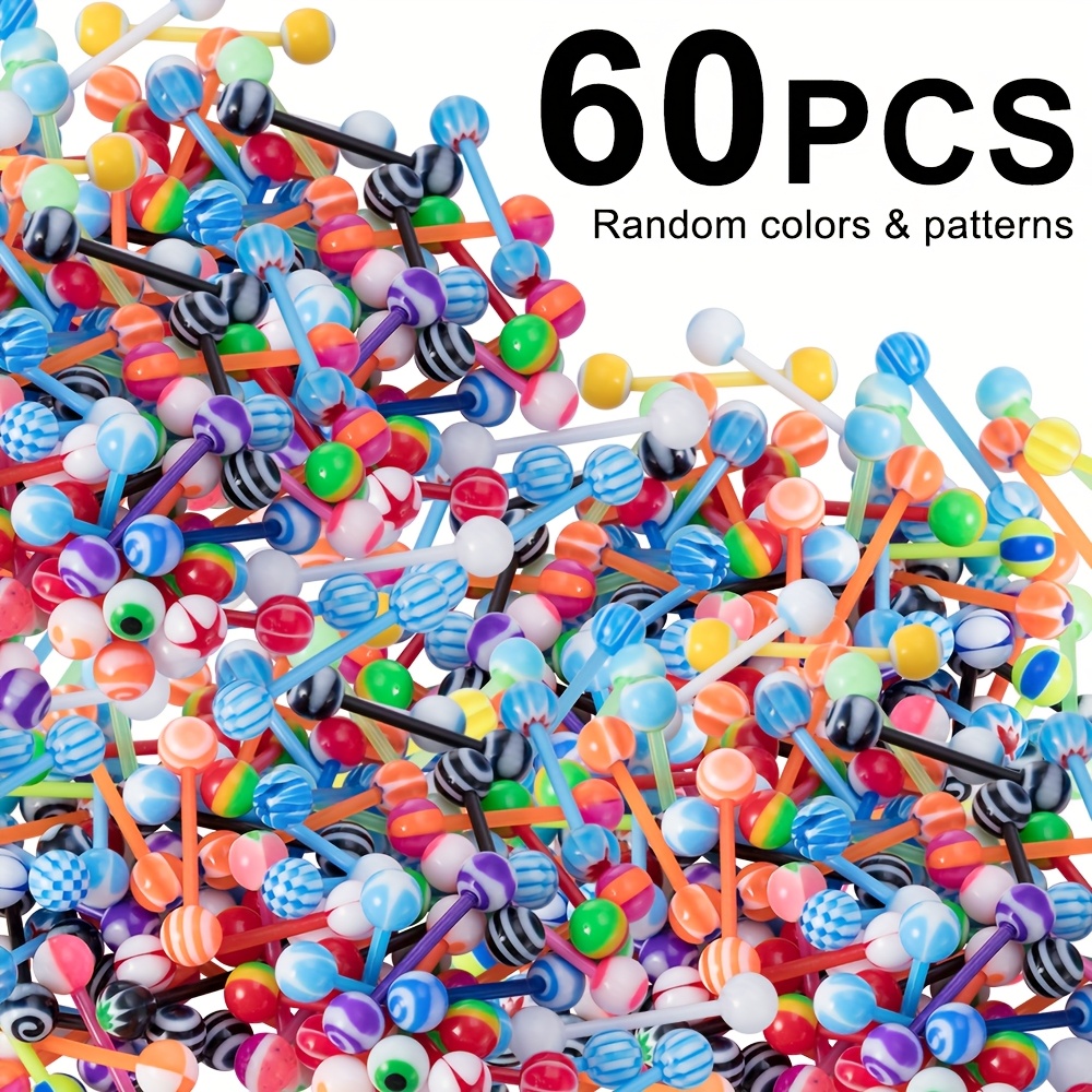 Image of 10/30/60pcs Flexible Tongue Rings Acrylic Multi Color Tongue Piercing Barbells Random Color & Patterns Body Piercing Jewelry 14 Gauge
