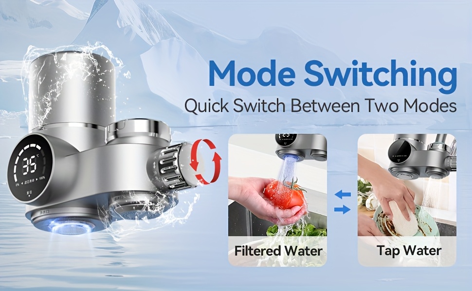 faucet mount water filtration system with dual head switch water temperature life display reduces lead     264 gallon tank chrome plated metal plastic faucet purifier for tap water compatible with bath Product details 1