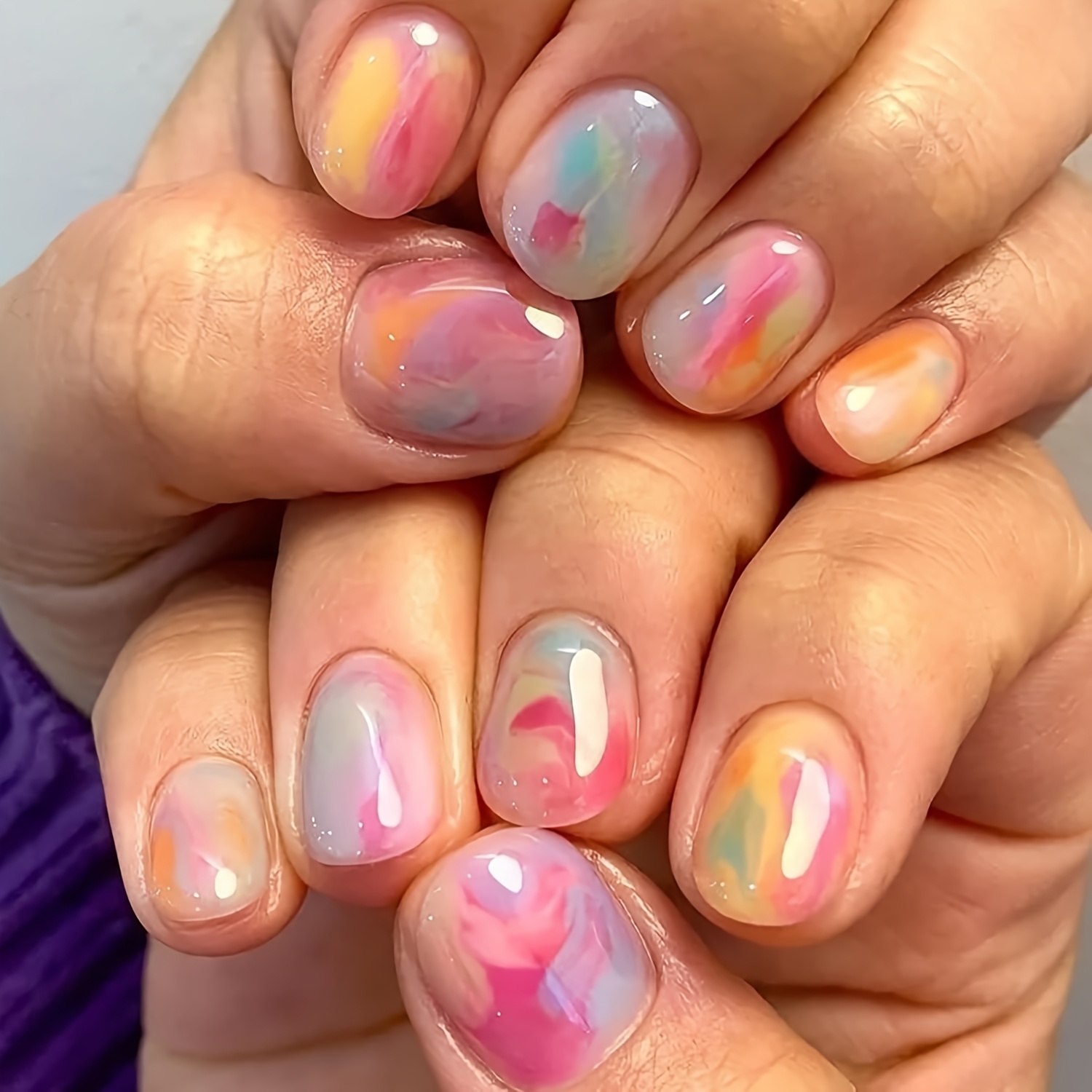 24pcs Colorful Press On Nails Short Rainbow Fake Nails Cute On Nails Square Shape Acrylic Nails Glossy Full Cover False Nails With Designs Short On Nails For Women And Nail Art