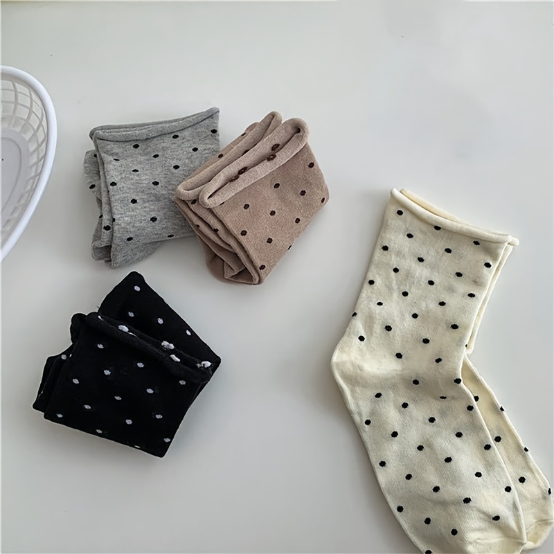 

4 Pairs Polka Dot Rolled Edge Socks, Cute Japanese Style Mid Tube Socks, Women's Stockings & Hosiery