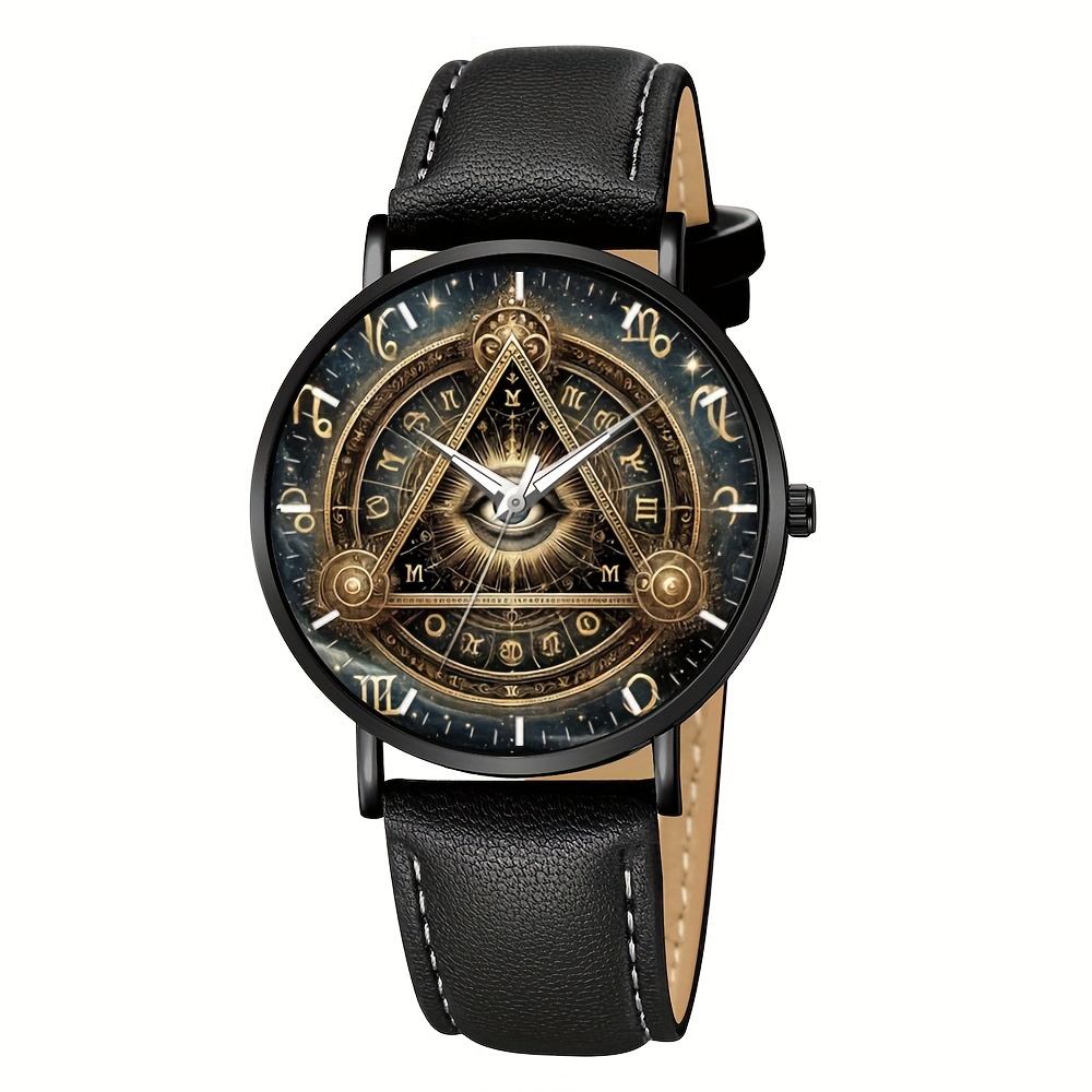TEMU 1pc Men's Zodiac Sign Quartz Watch, Round Alloy Case, Faux Leather Strap, Battery-powered, Non-waterproof, Display, Electronic Quartz Movement