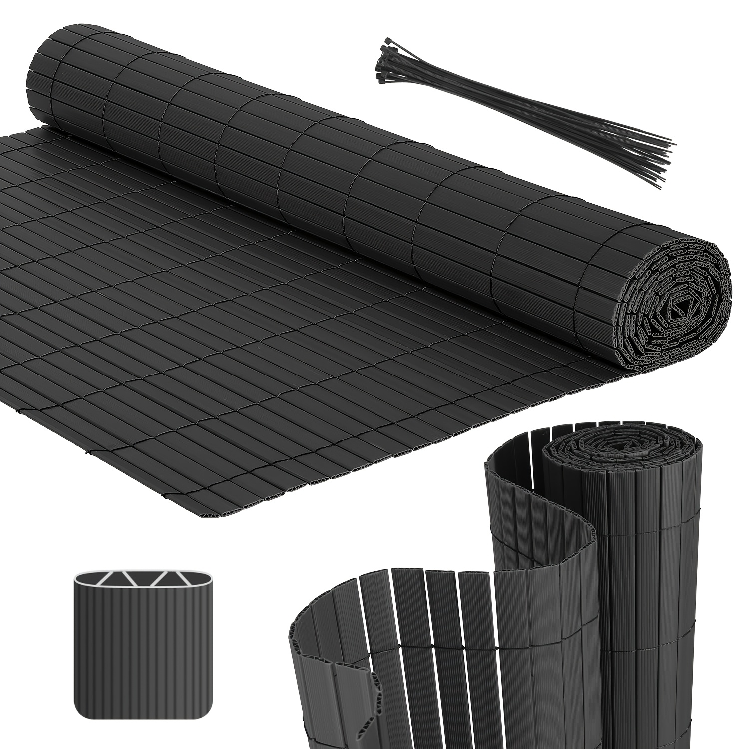 Image of 80cm High X 300cm Long Pvc Privacy Screen, Reinforced W-shaped Structure Slats, Privacy Fence With Ties, Green/grey/brown/bamboo Color, Suitable For , Windproof Baffle