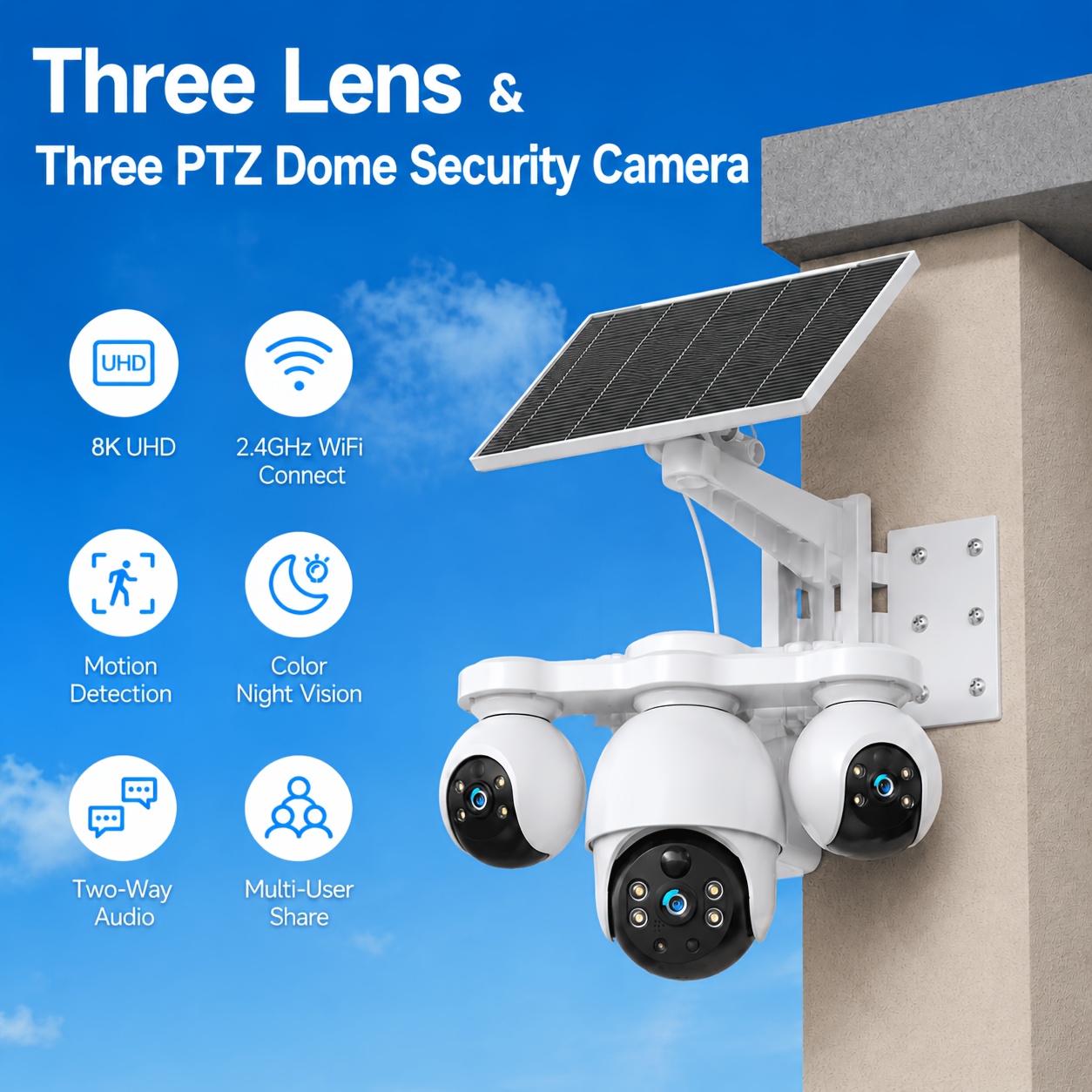 TEMU 8k Wifi Outdoor Solar-powered Security Camera With And Three-view, Cctv Video Surveillance, Ptz 360° Pan/tilt Rotation, Motion Tracking, Pir