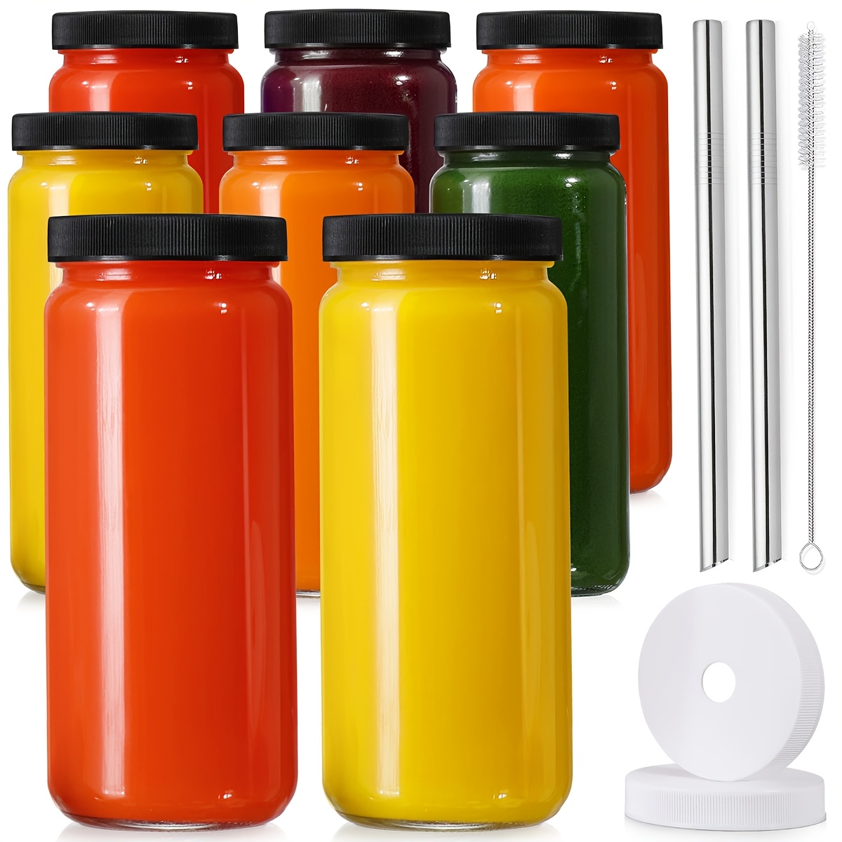 TEMU 8/16pcs Glass Juice Bottle With Lid, 16 Oz Juice Bottle Reusable Glasses, Smoothie Glasses With Straws, Sealed Lids, Leak Proof Drinking Mason