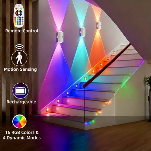 2/4pcs Set Rechargeable Remote-Controlled Color-Changing LED Motion Sensor Wall Light, 16 RGB Lighting Modes, 1200mAh Battery, Dimmable, Magnetic Base, Suitable for Stairs, Hallway, Bedroom, Kitchen, Bar