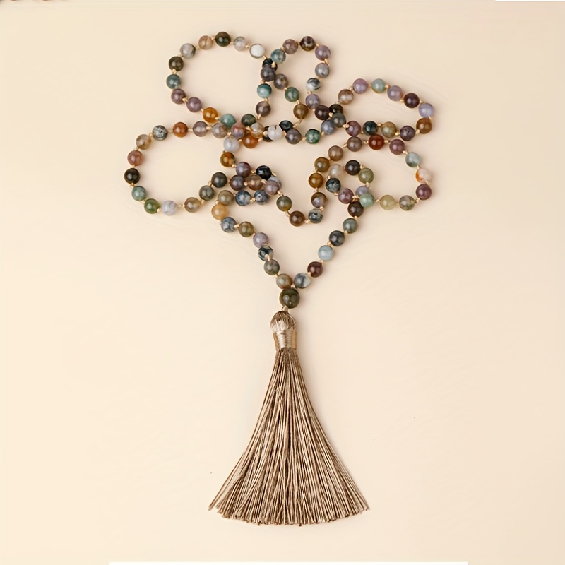 Image of 1pc Boho Style Long Pendant Tassel Mala Beads 108 Mala 6mm Agate String Necklace, Wrapped Multi-round Hand Chain, For Men, Women, Holiday, Day, Father's Day Gift