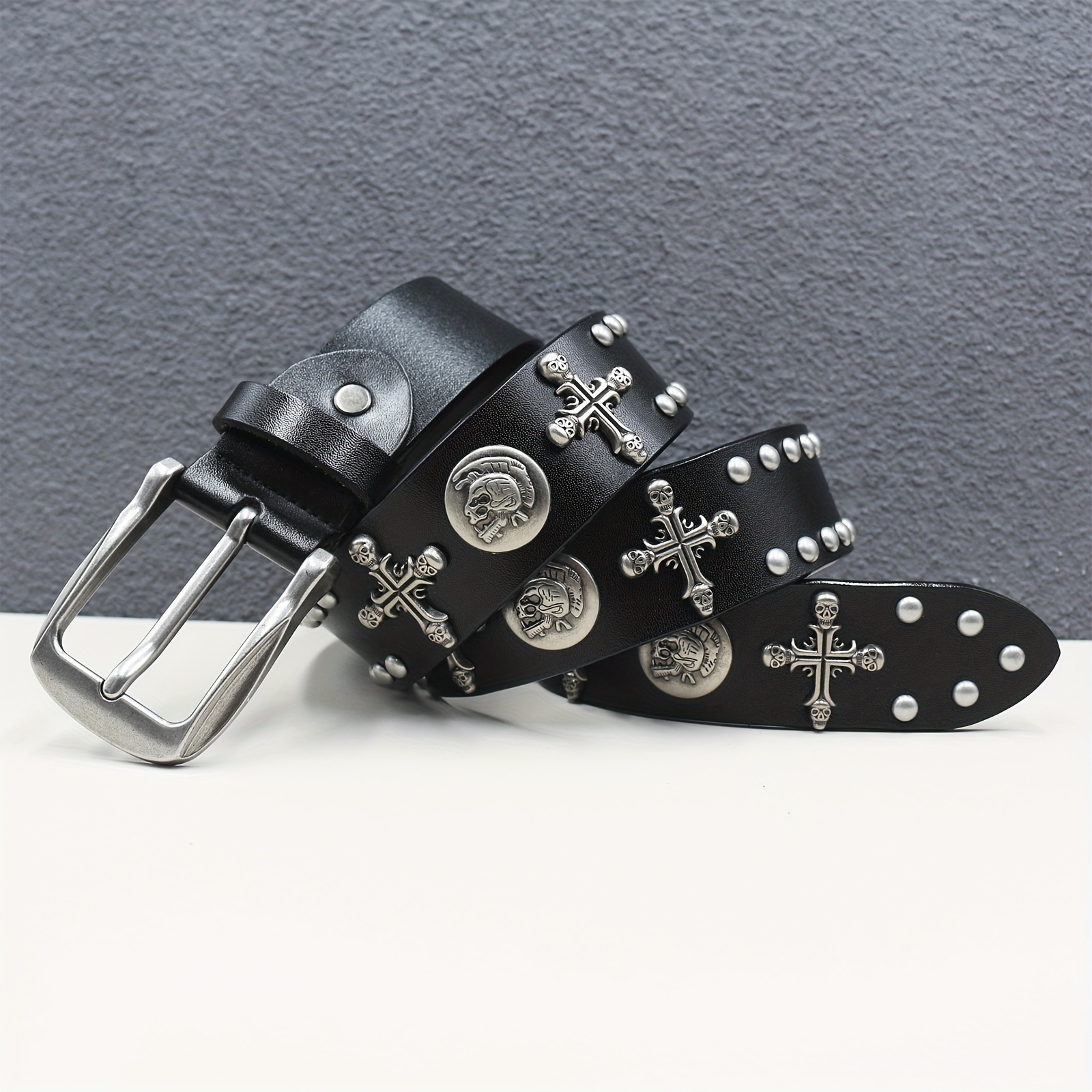 Studded Cowboy Belt with Cross Skull Design