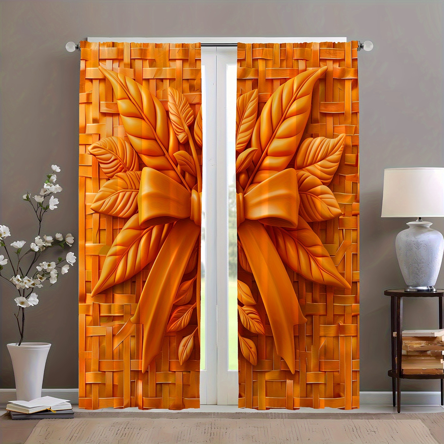 

2pcs Set Curtains - Pumpkin, Sunflower & Maple Leaf Designs | Rod Pocket Polyester Drapes For Living Room, Bedroom, Kitchen & More | Home Decor, Autumn, Digital Floral, Curtains, Home Decoration