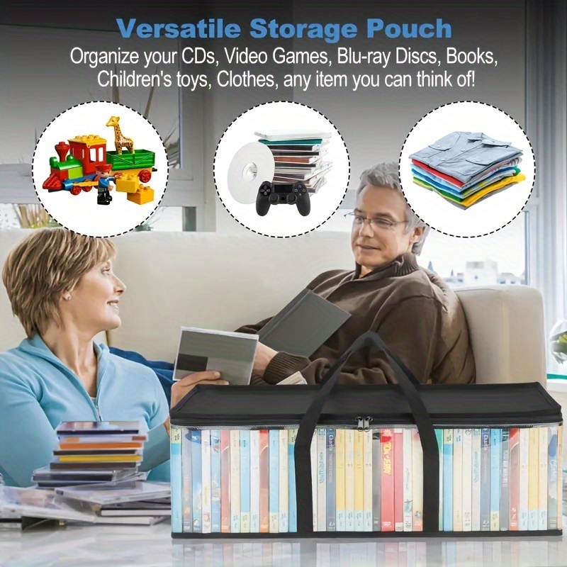 

Dvd Storage Bag With Handles - Spacious Transparent Plastic Media Organizer Case For 40 Discs, Cds, Video Games, Books, Toys, And More - Lidded Container