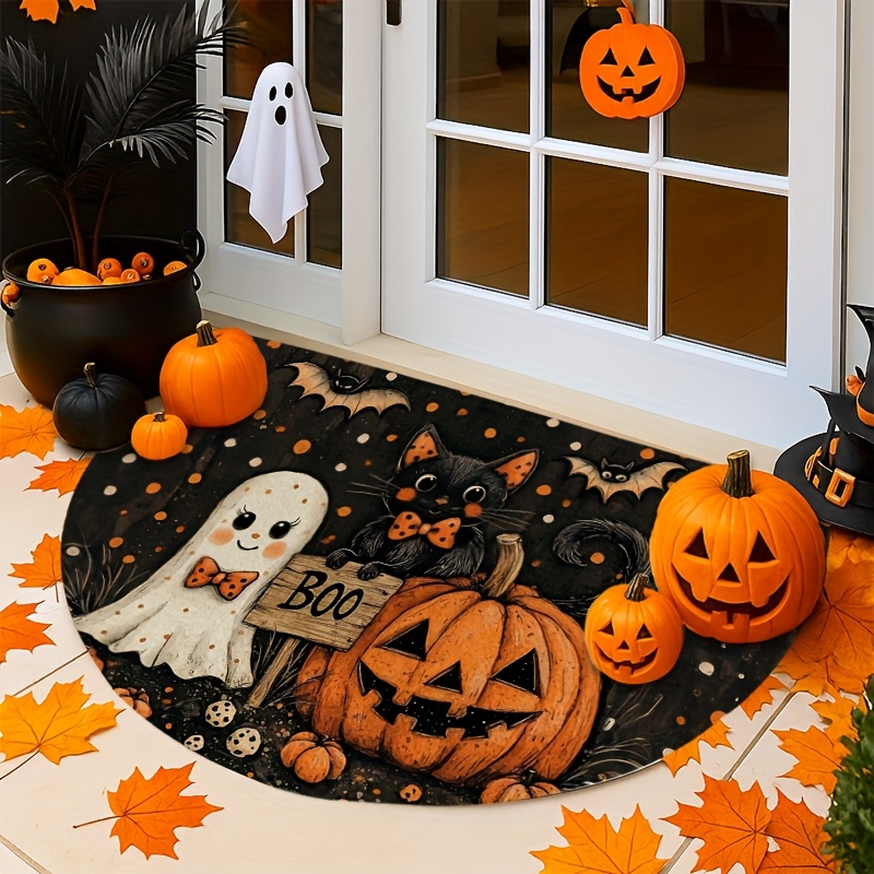 TEMU 1pc Non-slip Semi-circular Halloween Doormat Suitable For Front Doors, & - Soft Cushioned Indoor/outdoor With Black Cat, Jack-o'-lantern, Bats &