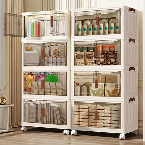 4 layer foldable plastic and wheels stackable large capacity storage box suitable for bedrooms living rooms kitchens high quality space saving design easy to assemble modern mobile storage box magnetic closure storage box in 1 2 3 5 layers simultaneously