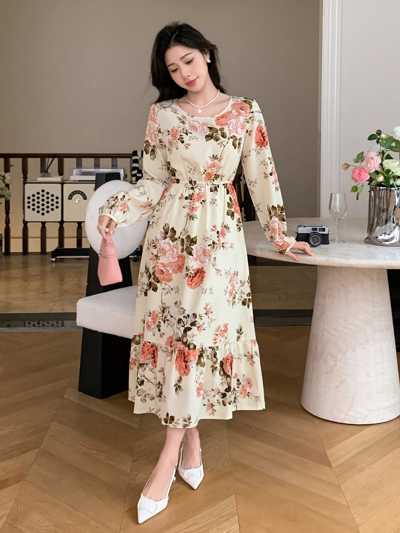 womens elegant floral print a line dress sleeve round neck - Temu Colombia