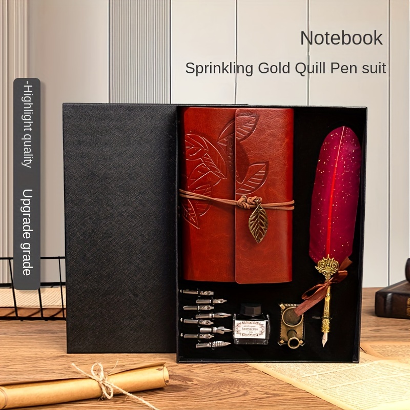 

1pc Elegant European & British Style Kit - Refillable Fine Nib Fountain Pen With Golden , Crown Engraved Nib, And Leather-bound Notebook In Gift Box - Ideal For