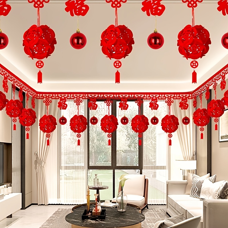 Adorno Colgante Chino De Borlas - Decoración Tradicional Roja, Aprox. 95x50 Cm, Para Hogar, Buena Suerte Y Festivales
