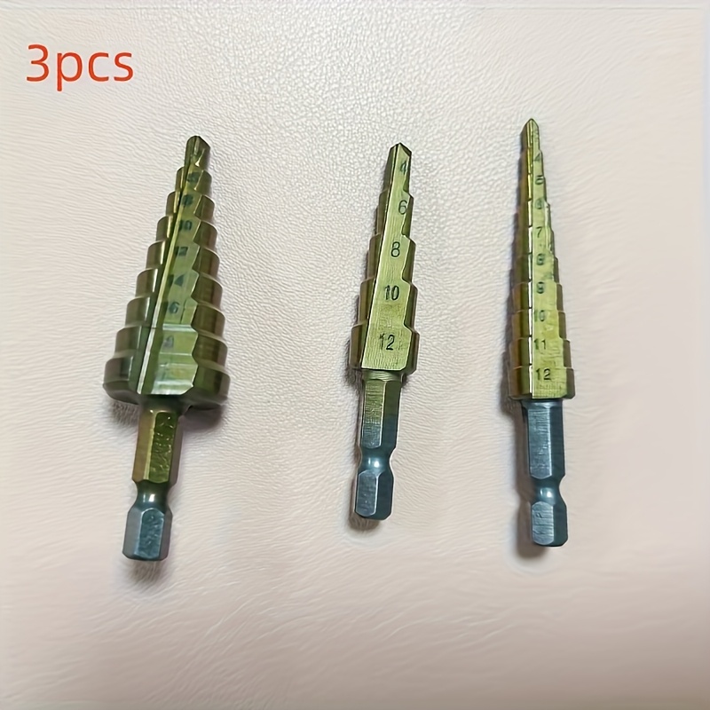 Juego de 3 brocas escalonadas de acero de alta velocidad con recubrimiento de titanio, resistentes, para madera y metal, sin necesidad de electricidad, paquete mixto