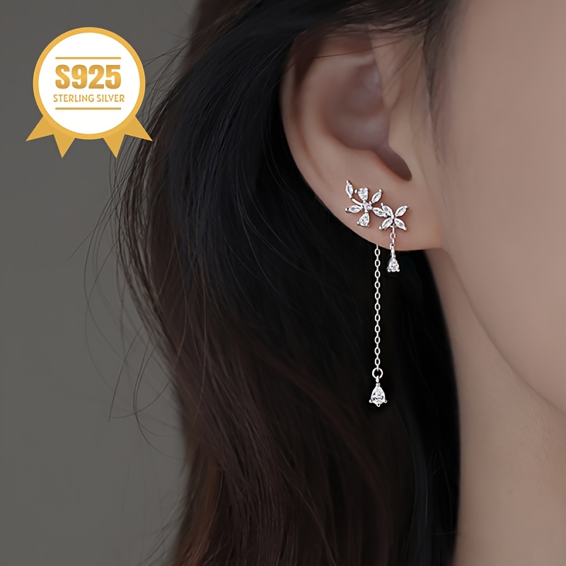 925 Sterling Silver Flower Dangle Earrings, Low Allergy