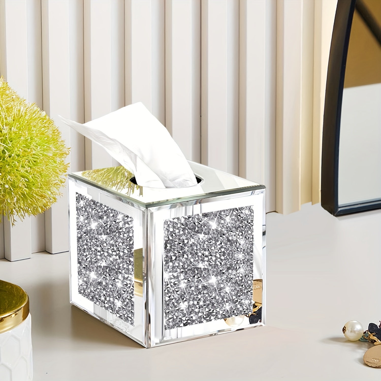 

1pc Square Mirrored Box Cover, Crystal Rhinestone Holder, Silver Luxury Napkin Dispenser For Bathroom Or Table, Glass Material, Christmas Holiday Decor