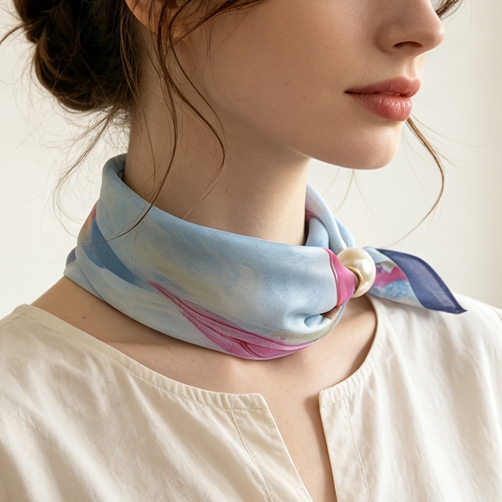 TEMU Oil Painting Style Scarf, Lazy Knot-free Satin Square Handkerchief, Gentle Artistic Decor Scarf, Abstract Watercolor Gradient Print Scarf, Pearl