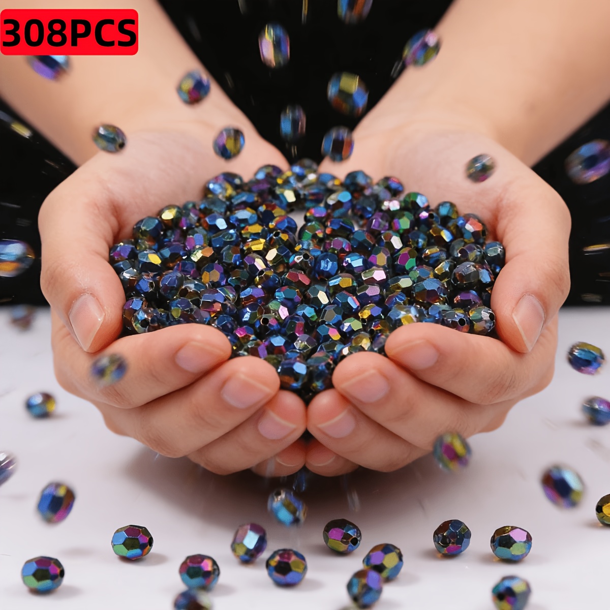 TEMU Perles acryliques noires éblouissantes de 6 mm/8 mm, 308 pces/608 pces, fournitures pour la fabrication de bijoux DIY, perles d'espacement pour
