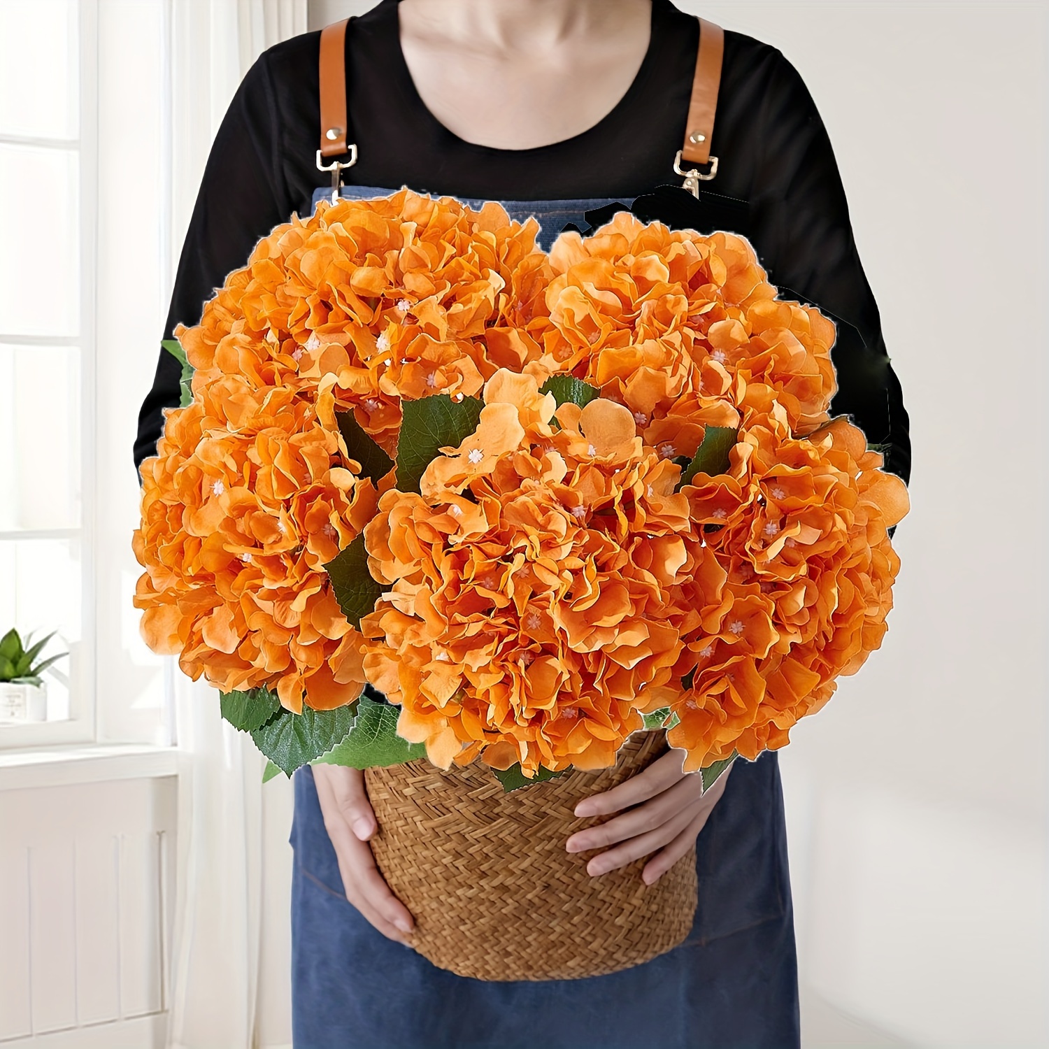 

7pcs Set Of Large Orange Artificial Hydrangea Flowers With Long Stems - Lifelike Silk Fabric For Diy Bouquets, Table Centerpieces & Wedding Decor