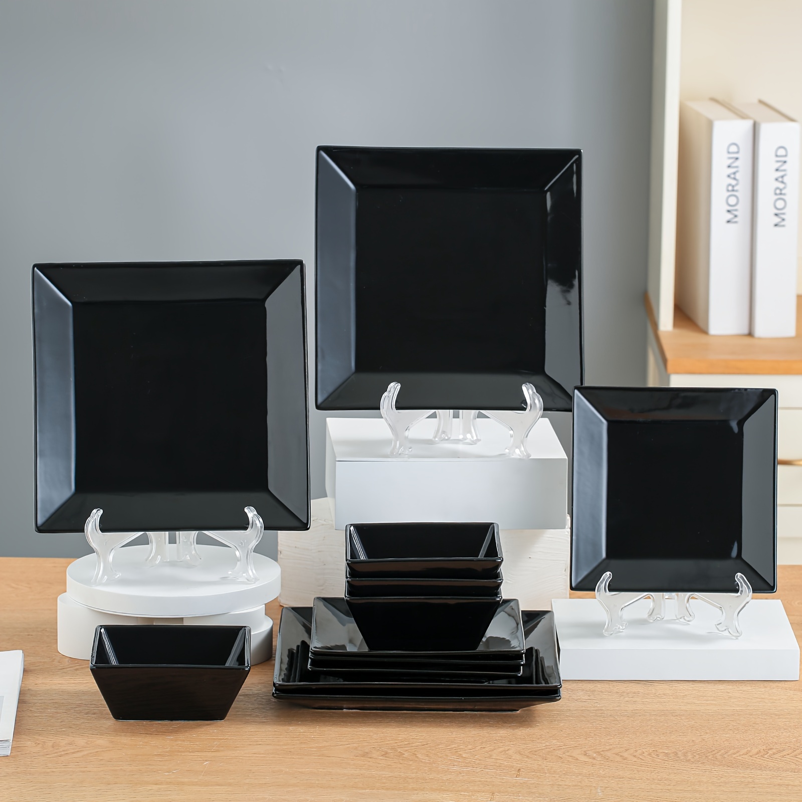 Image of A 12-item Collection Of Black And White Ceramic Dining Ware Featuring , Including 10-inch And 7.6-inch Steak Plates, Salad Plates, Pasta Dishes, Snack Plates, Salad Bowls, And Soup Bowls