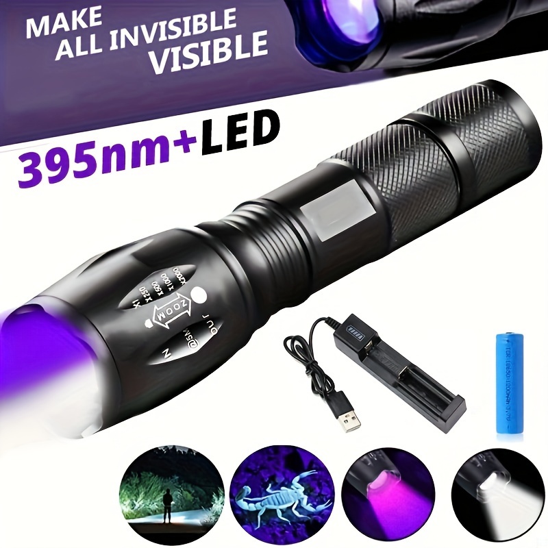 

2-in-1 395nm Black Light + White Light Flashlight, Multifunctional Aluminum Alloy Handheld Torch With Zoomable Dimmable Fishing Light, Rechargeable 18650 Batteries, Light For Home Renovation