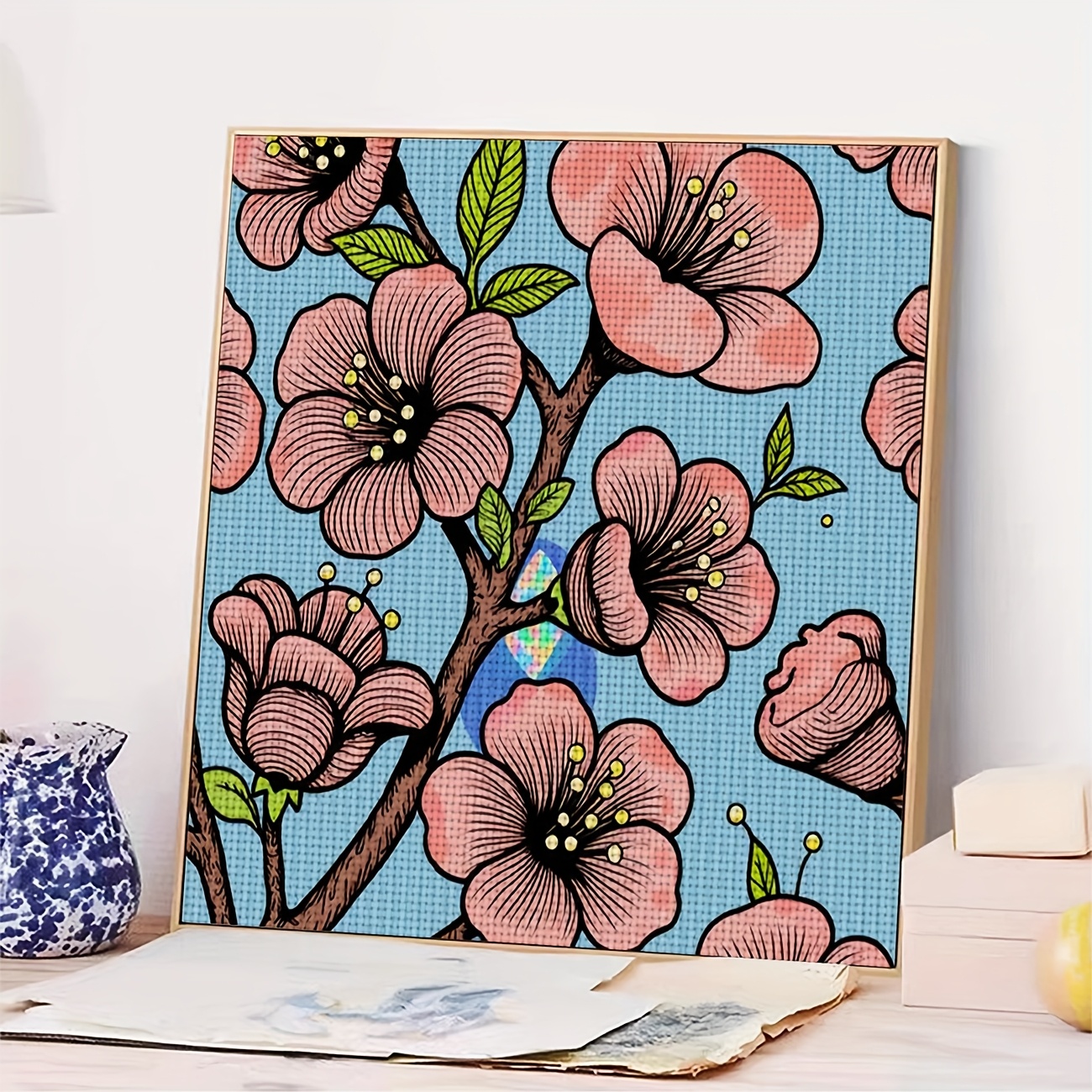 Complete DIY Cross Stitch Kit, Blue Pink Branches and Leaves Pattern