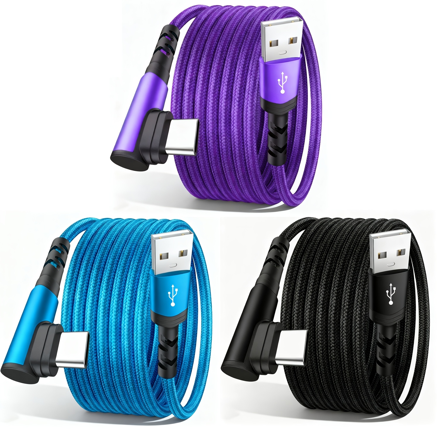 Image of 3pcs Type C Charger Fast Charging, Right Angle Usb A To Usb C Cable, Braided Usb C Charger Cable For Iphone 17/16/15 Series For Ipad For Huawei Oppo Oneplus And More Smartphone 3.3ft/6.6ft/9.9ft