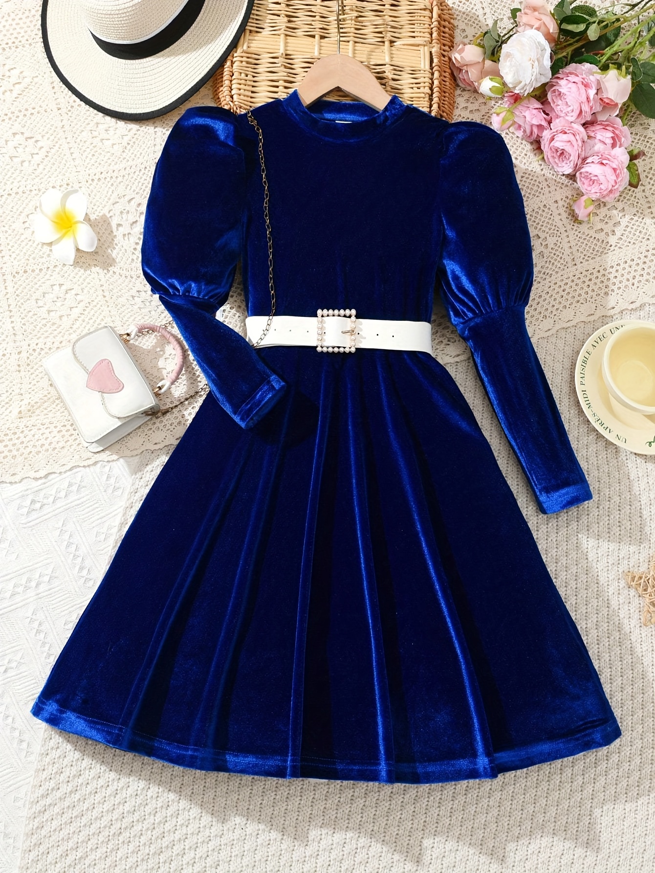 chinese dress ladies Royal Blue Velvet Long Sleeve Ruched Turtleneck Mini Dress main image 1