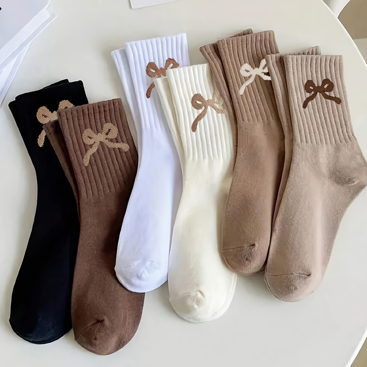 6 Pairs ' Solid Color Elastic Bow Mid-calf Socks - Warm Winter & Party Socks, Durable, Easy For & (6-pair Pack) - Casual Attire,, )
