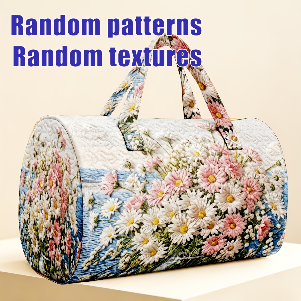 TEMU 1pc Cream Pink White Daisy Quilted Cylinder Travel Tote Bag With Handles Floral Pastoral Style For Ladies Halloween Thanksgiving Christmas Gift