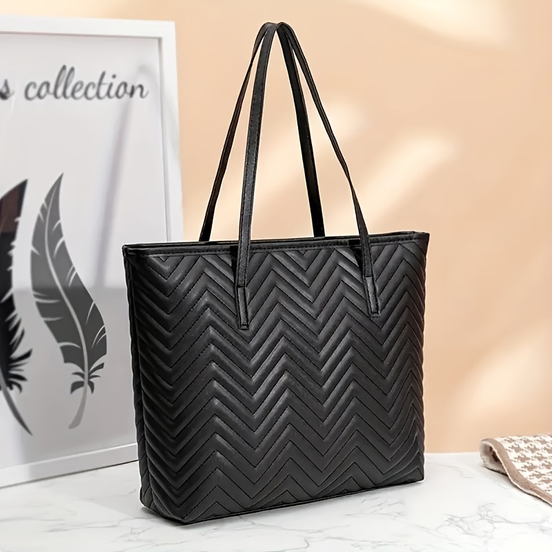 

Casual Wave Pattern Quilted Tote Bag, Large Capacity Shoulder Handbag, Portable Storage Bag For Shopping