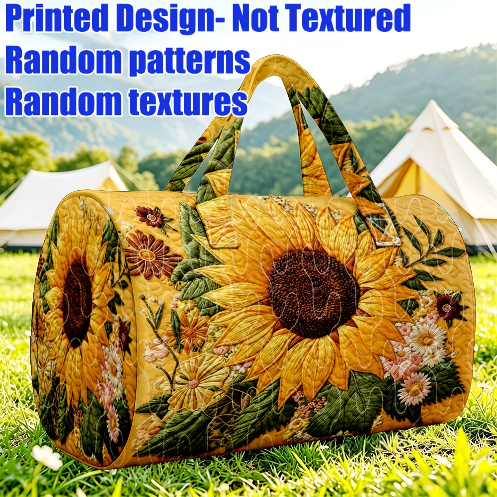 TEMU 1pc Women's Large Quilted Tote Bag With Sunflower Print - Pastoral Style Zipper Closure Travel Bag, Machine Washable Suitable For , Christmas