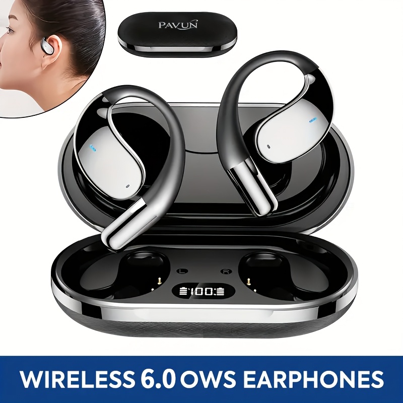 ear hanging wireless earbuds bone conduction headphones 6 0 stereo   300mah charging case   time battery level display 80 hour   smart noise cancelling headphones with   suitable for gaming
