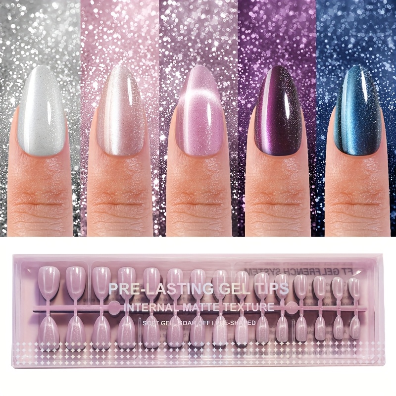 Image of Set Of 150 Acrylic Short Almond-shaped Eye Press-on False Nails In Navy Blue, Purple, Pink, Lotus Pink, And Silvery White, Featuring A Fashionable Cat , Perfect For Nail Decoration For Women And
