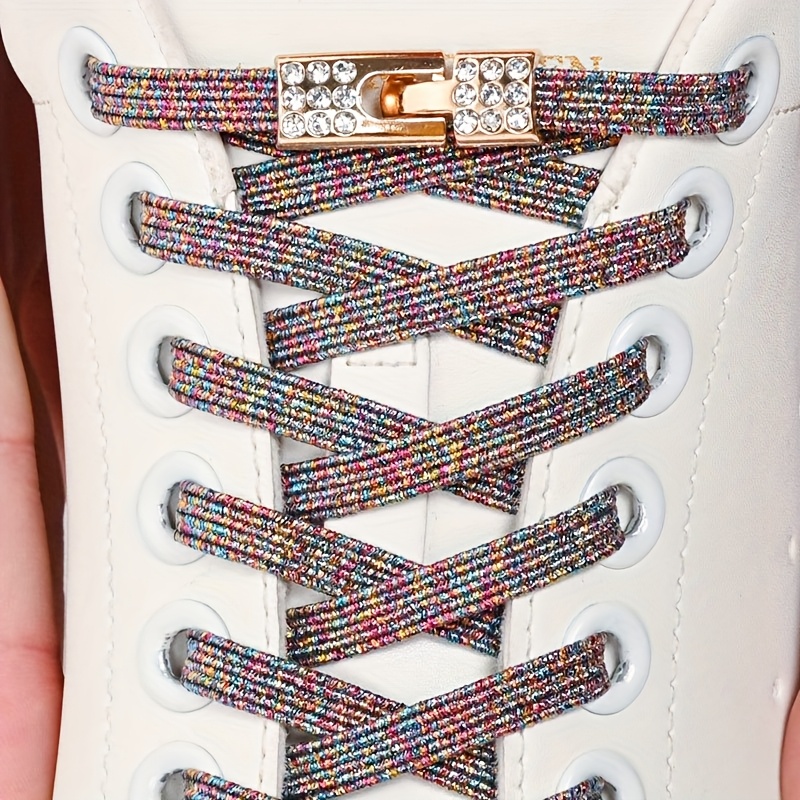1 Pair of Rhinestone Buckle Shoelaces, No Need to Take Off Shoes, 2 Elastic Bands and 2 Shoe Lace Buckles, Colorful Fashion Gradient Rainbow Laces Suitable for Casual Shoes and Sports Shoes