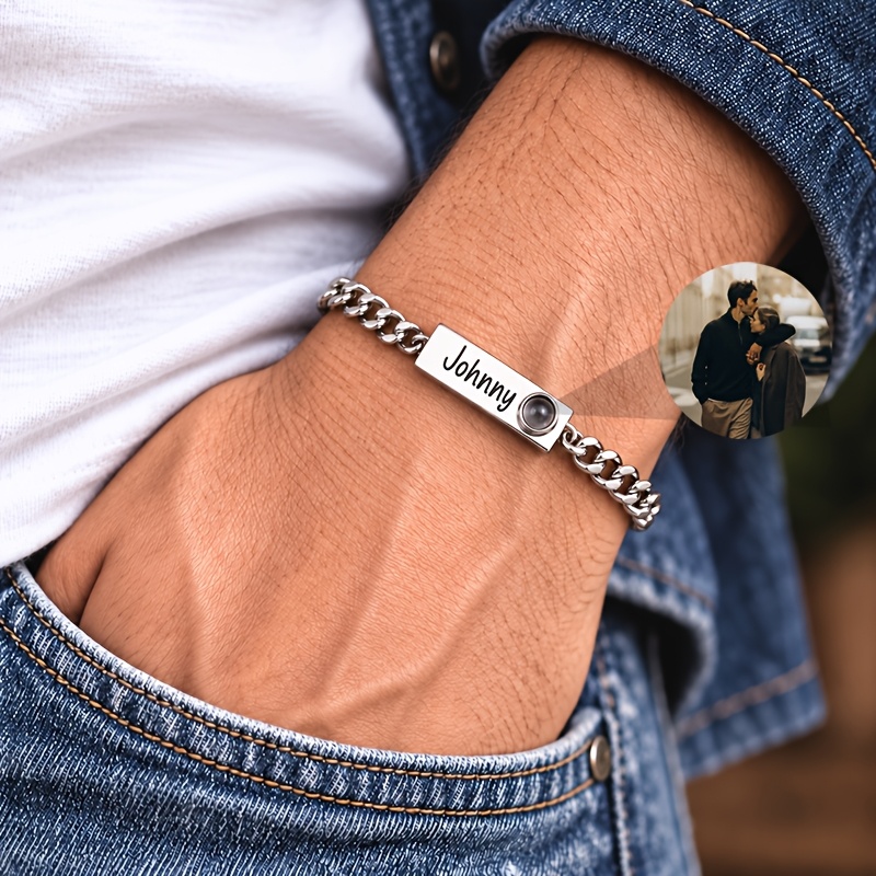 TEMU Bracelet Photo Personnalisé Bijou en Acier Inoxydable 304 Pendentif Rectangulaire de Nom Personnalisé Projecteur Bracelet à Maillons Cubains