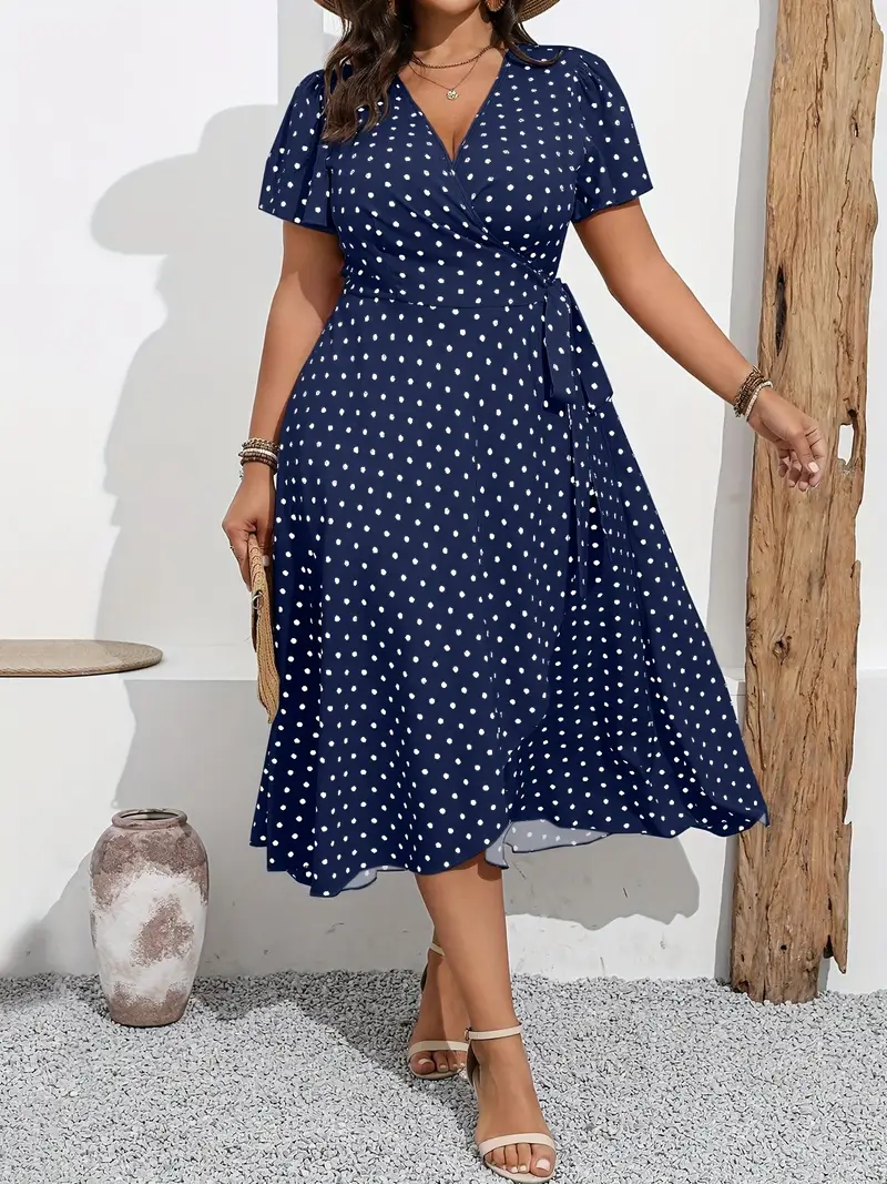 Plus Size, Fashion Casual Women's Navy Blue Polka Dot Print Cross Neckline Waist-Cinching * Fit Tie-Back * Elegant Dress LX270 Plus Size, Fashion Casual Women's Navy Blue Polka Dot Print Cross Neckline Waist-Cinching * Fit Tie-Back * Elegant Dress LX270