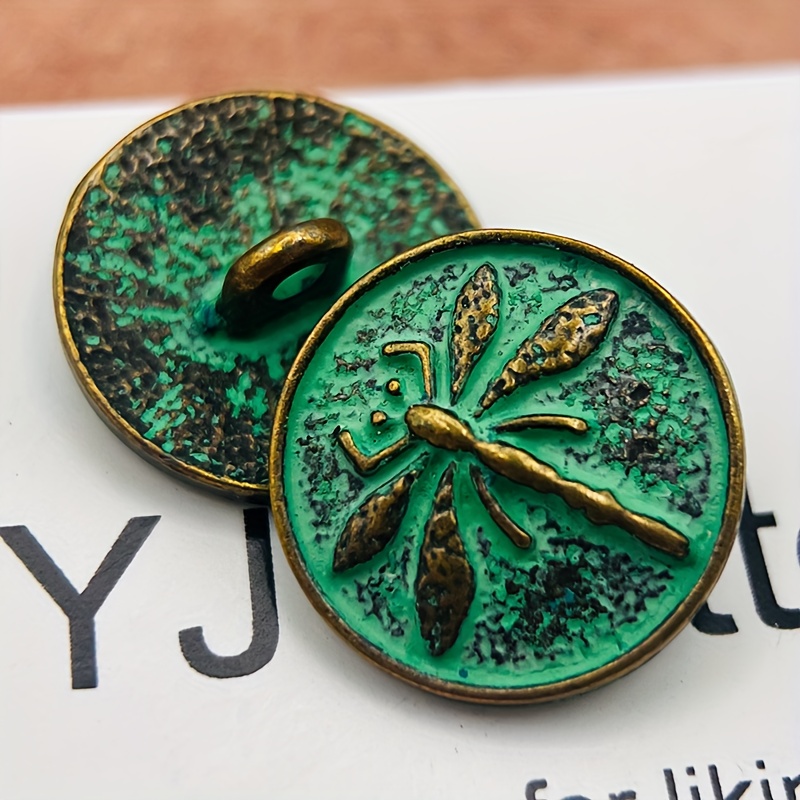 TEMU Set di 10 bottoni in metallo stile antico, dimensioni 17.5 mm, con verde e design a libellula, per progetti di cucito e moda