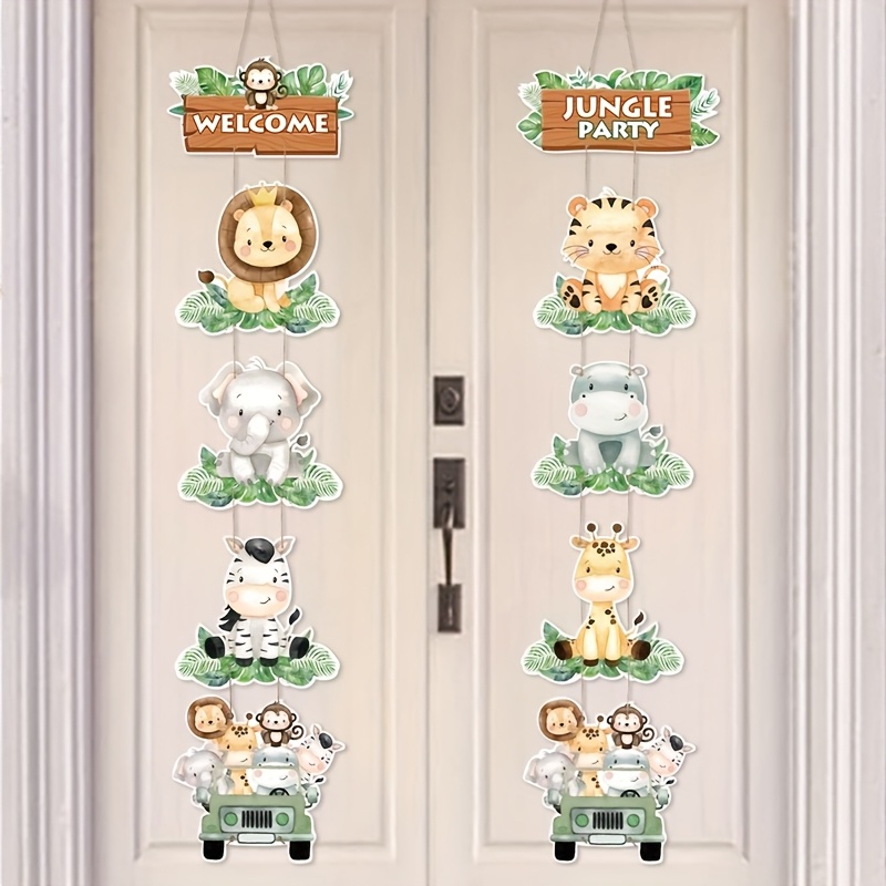 

2d Door Banner 1 Set Jungle Party Door Hanging Decor, Green Animals Theme, Paper Pulling Flag, No Electricity Needed, For Baby Shower, Birthday, Celebrations