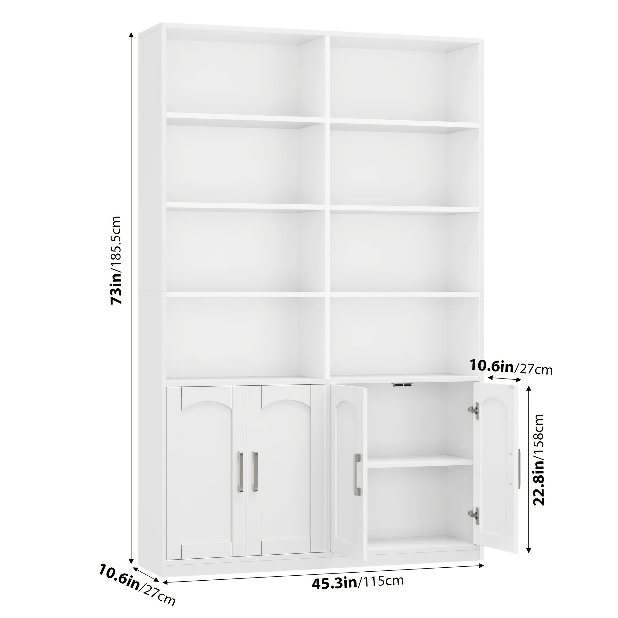 FULTRU Bookshelf And Bookcase with Doors, 6 Tier Double Wide Large Bookshelves, Open Display Shelves, 73'' Tall Bookshelf with Storage Cabinets for Home Office, Living Room, Library, White