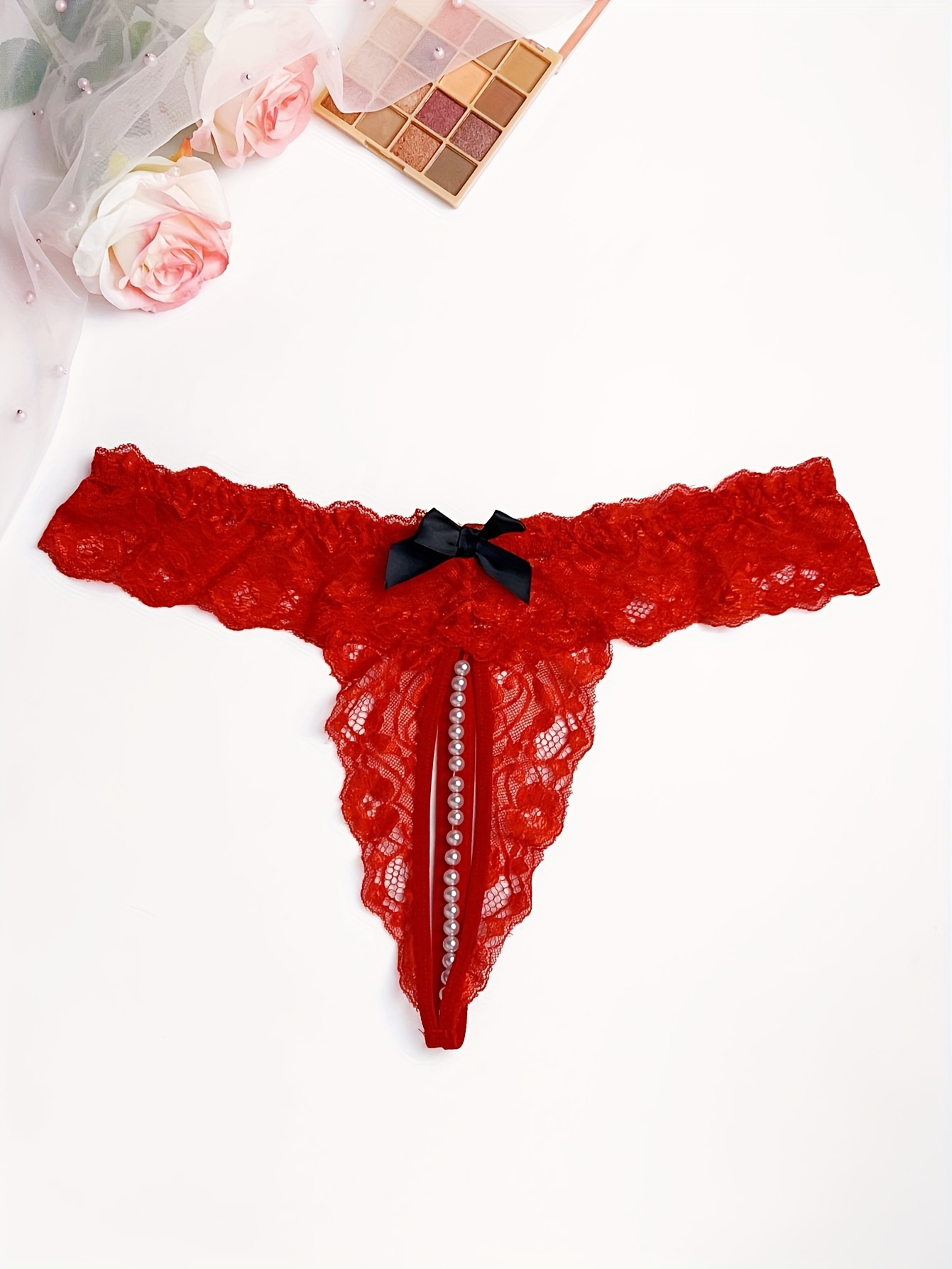 1pc Ladies' Fun Underwear, See-through Embroidered With Beaded Pendant And  Sexy Thong With Gift Bow