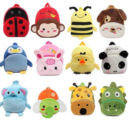 kids cartoon plush backpack lightweight lining zip closure adjustable strap mixed colors