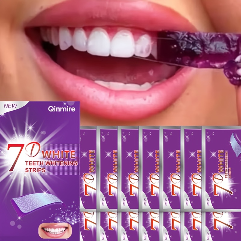 14 unidades - nuevas tiras dentales 7d moradas, diseño de aplicación     para dientes  s, kit de viaje portátil, tiras dentales moradas, uso   y parches de limpieza dental para viajes 0