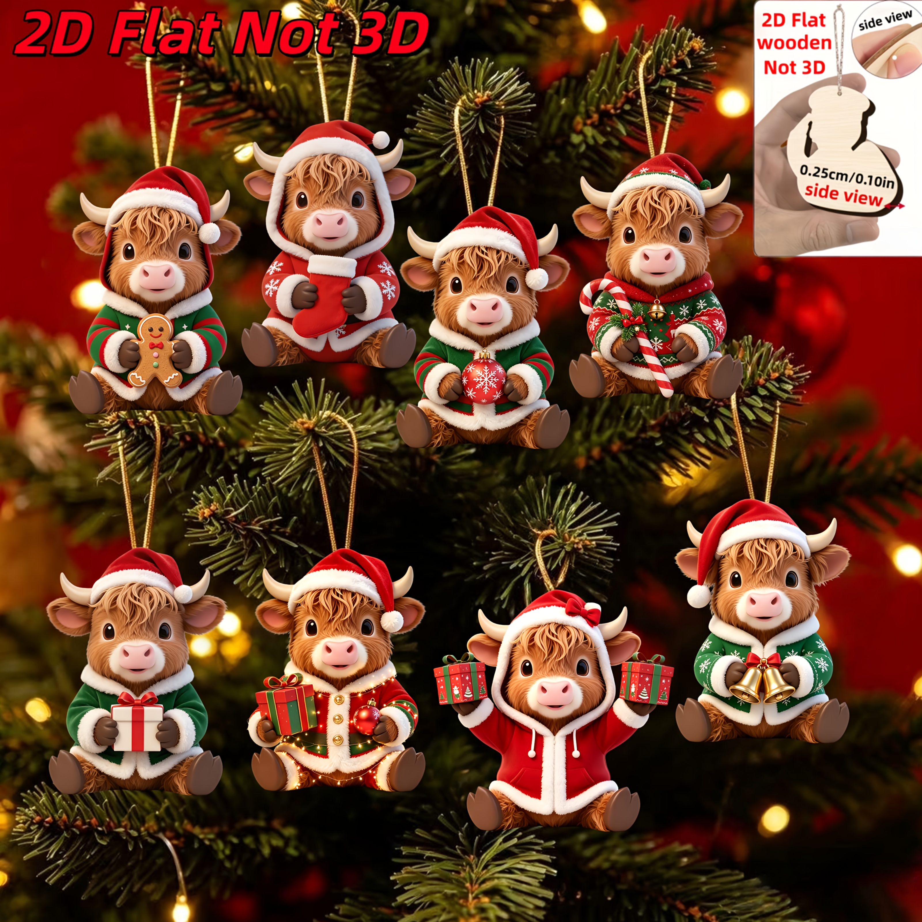 TEMU 2d Flat, 8pcs Set Of Christmas Highland Cow Wooden Ornaments, Highland Cows Wearing Different Christmas Outfits, Christmas Tree Hangings,