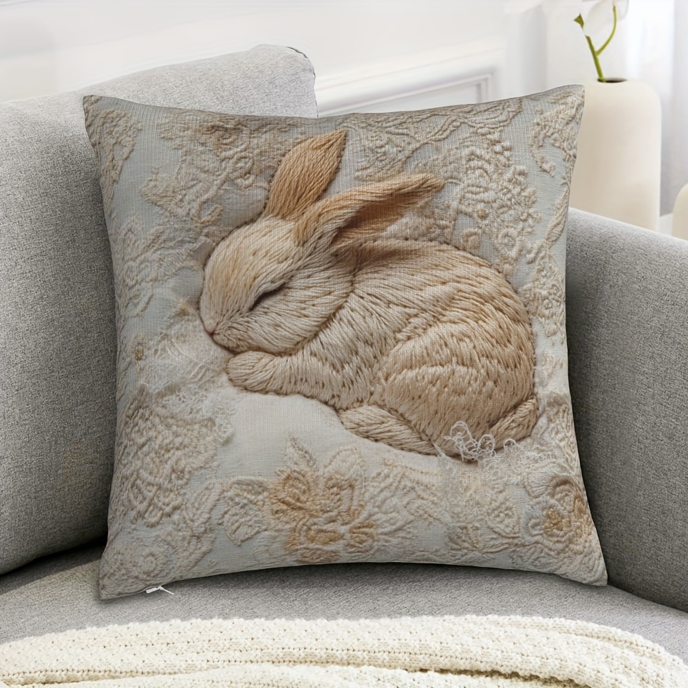 

1pc Housse de Coussin Décorative en Polyester de Style Vintage avec Broderie de Lapin , 18x18in avec Fermeture Éclair, Lavable en Machine pour la Décoration de , du Bureau et du Salon