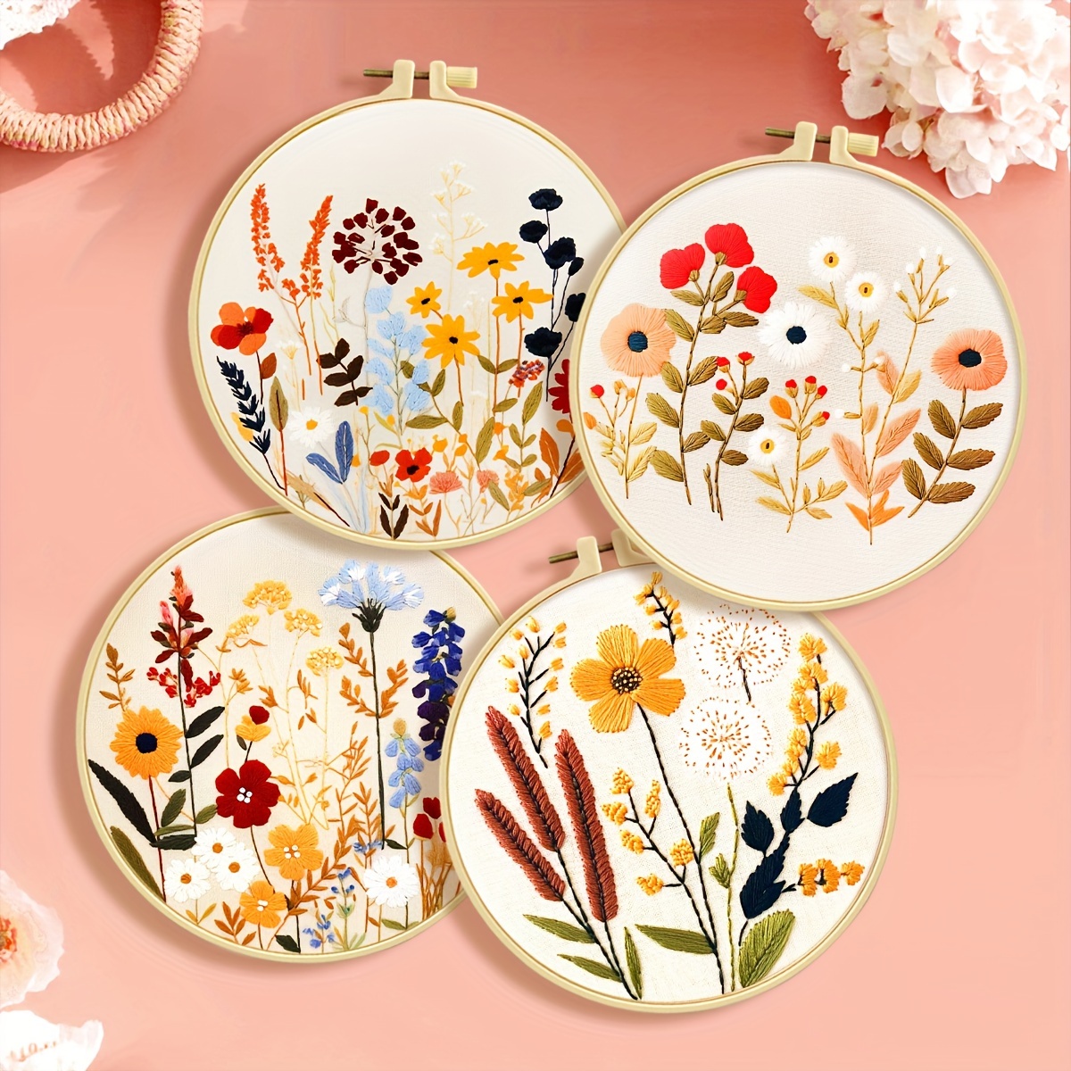 

4-pack Beginner Embroidery Kits With Patterns And Instructions, Stitch Set Includes Hoops And Full Embroidery Tools, Adult Needlework Kits, White And Mixed Color Flowers Theme, All Fabric Craft